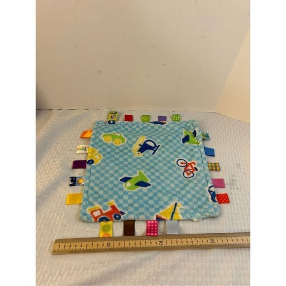 Taggies crib toy security blanket cars bikes planes (missing 1 taggie) 12x12" - Picture 1 of 6